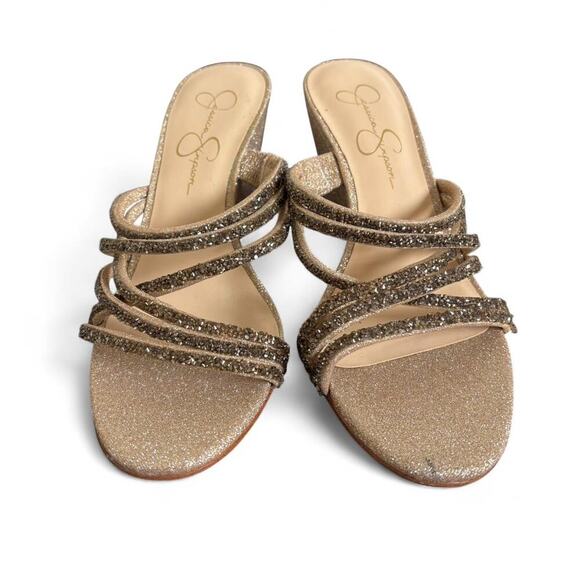 JESSICA SIMPSON GOLD GLITTER EMBELLISHED STRAPPY WEDGE SANDALS 8.5 LIKE NEW. - Picture 2 of 8